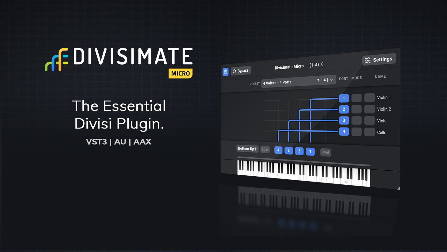 A promotional image for Divisimate Micro, showing its interface with a piano keyboard and route diagram. Text reads: “The Essential Divisi Plugin. VST3 | AU | AAX.” The Divisimate logo is displayed on a dark background.