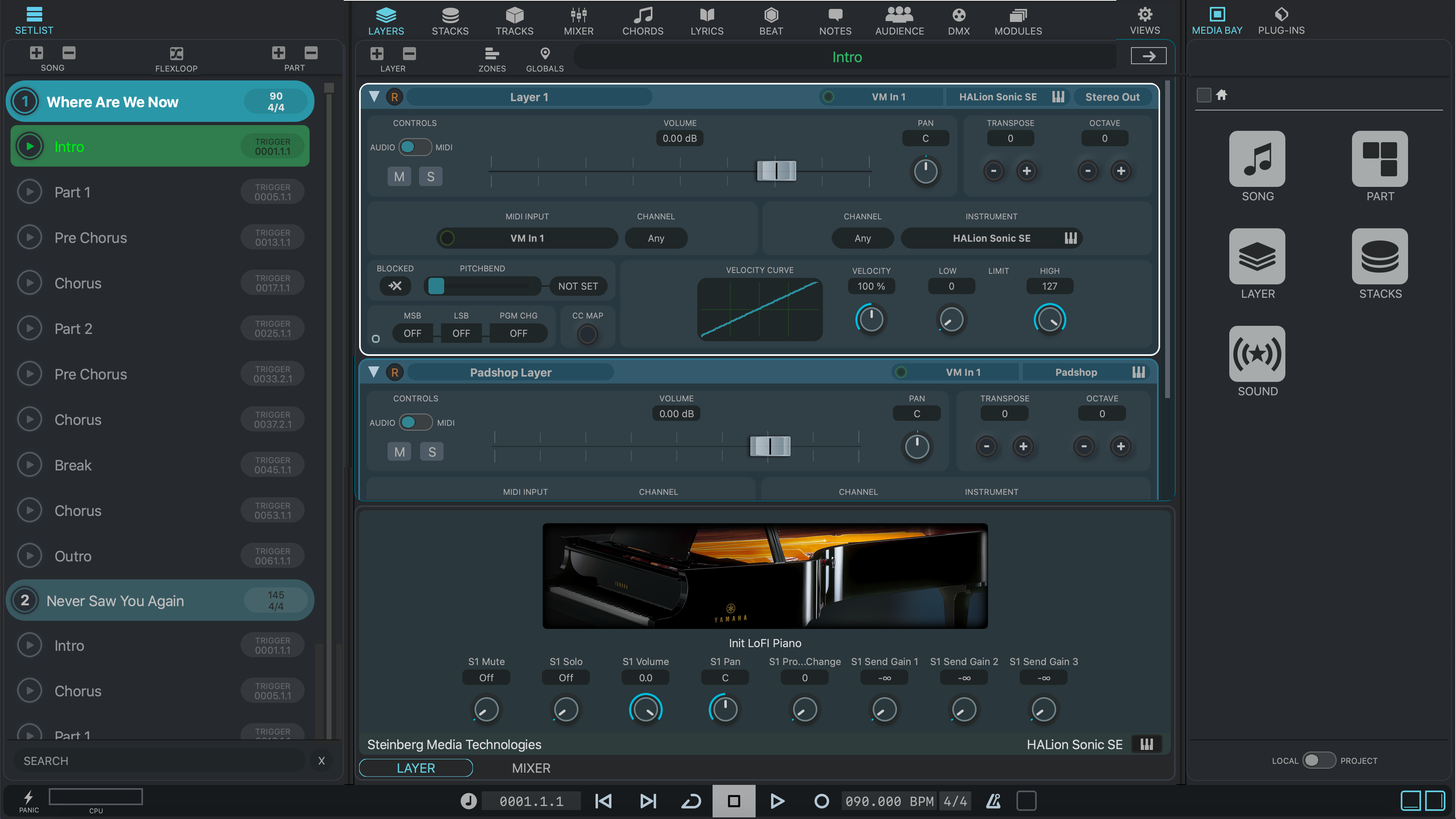 A music production software interface displays layered instrument controls, effects, and a virtual piano image. Song titles appear on the left sidebar, and playback controls are at the bottom.