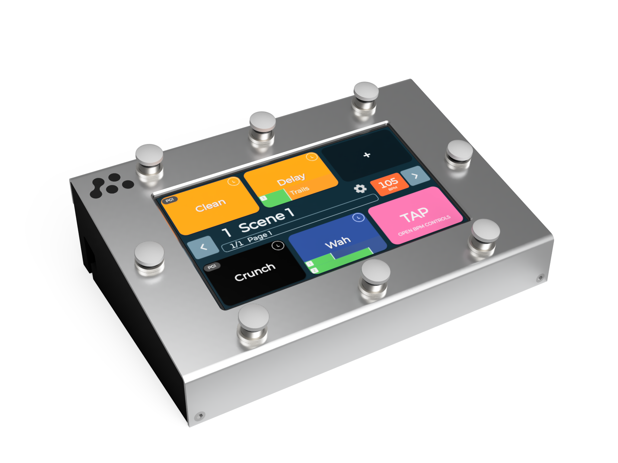 A metallic device with eight rotary knobs surrounds a touchscreen displaying colorful buttons labeled Clean, Delay, Crunch, Wah, and TAP, along with numeric and scene controls.