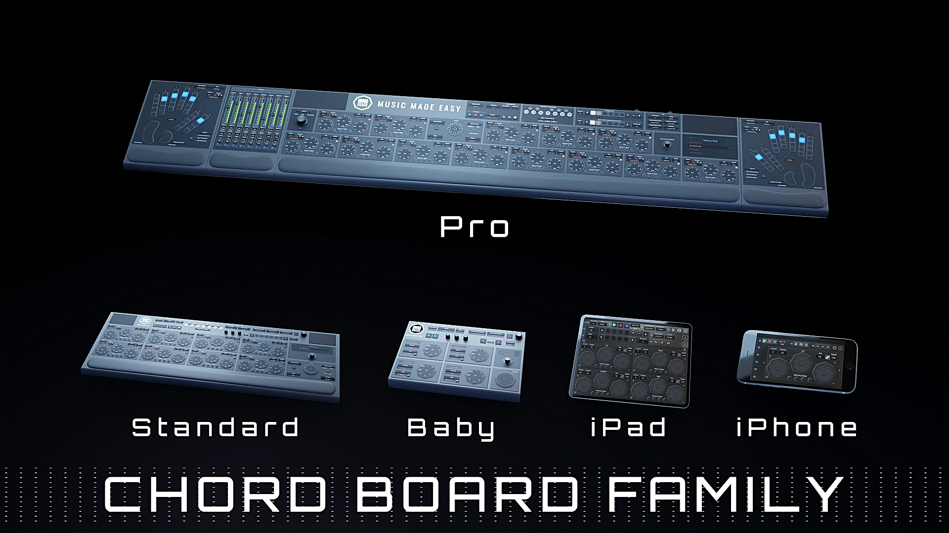 A lineup of five electronic music devices labeled Pro, Standard, Baby, iPad, and iPhone, all from the Chord Board Family, displayed on a black background with white text.