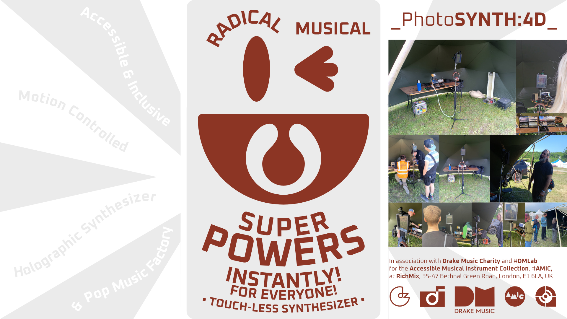 A promotional poster for the PhotoSYNTH:4D touchless synthesizer shows its logo, slogans like “Super Powers Instantly! For Everyone!” and event photos featuring people interacting with the synthesizer outdoors.