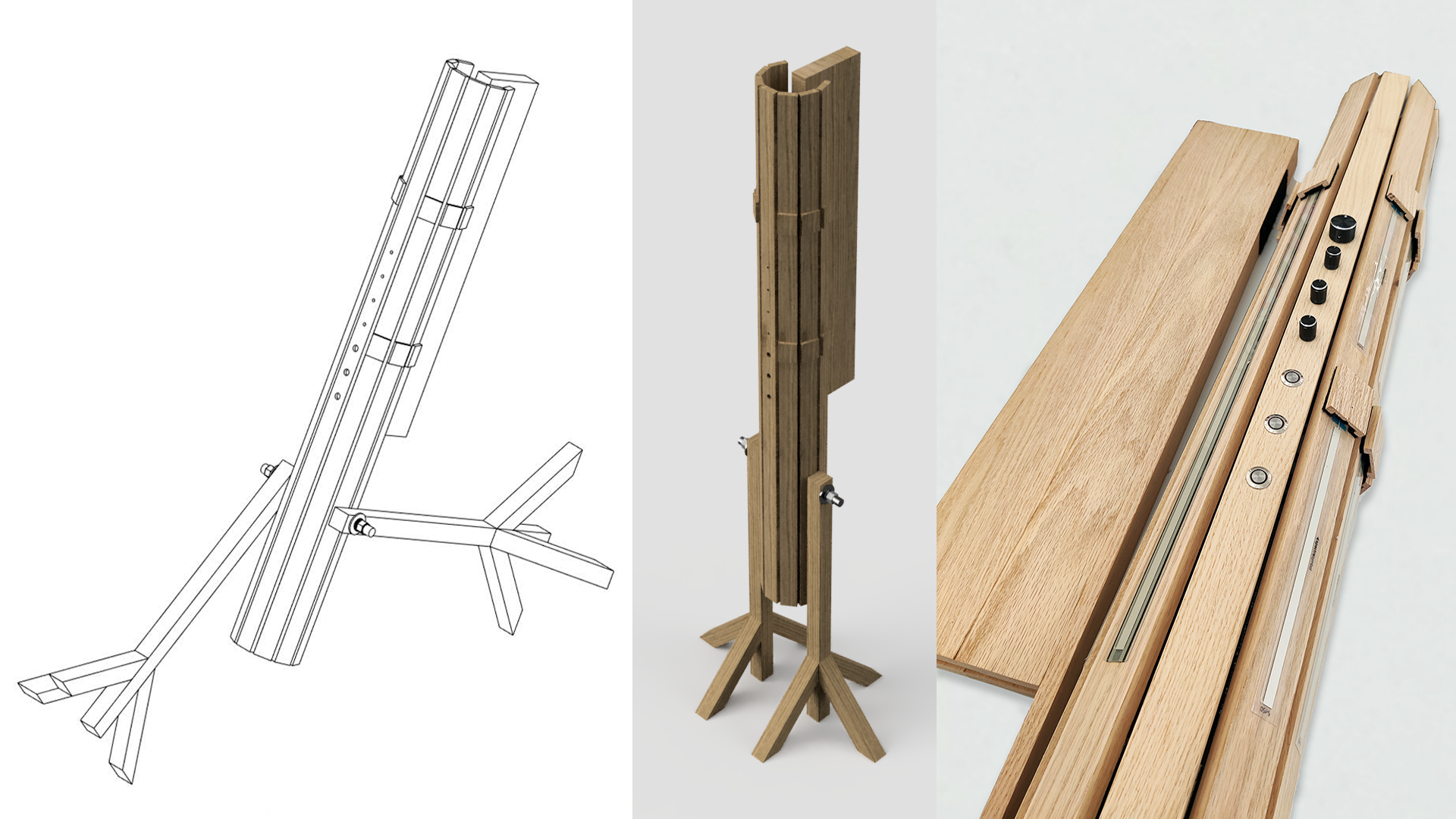 Three side-by-side images show a wooden music instrument stand: a line drawing, a 3D render on a light background, and a close-up of the finished stand with control knobs on its angled surface.