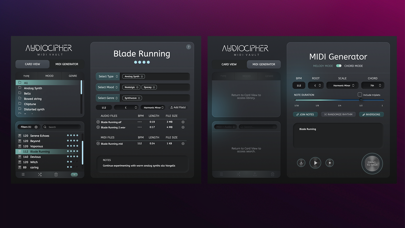 Screenshot of a music software interface with dark-themed panels labeled “AudioCipher MIDI Vault,” “Blade Running,” and “MIDI Generator,” showing controls, instrument lists, and various music editing options on a gradient background.