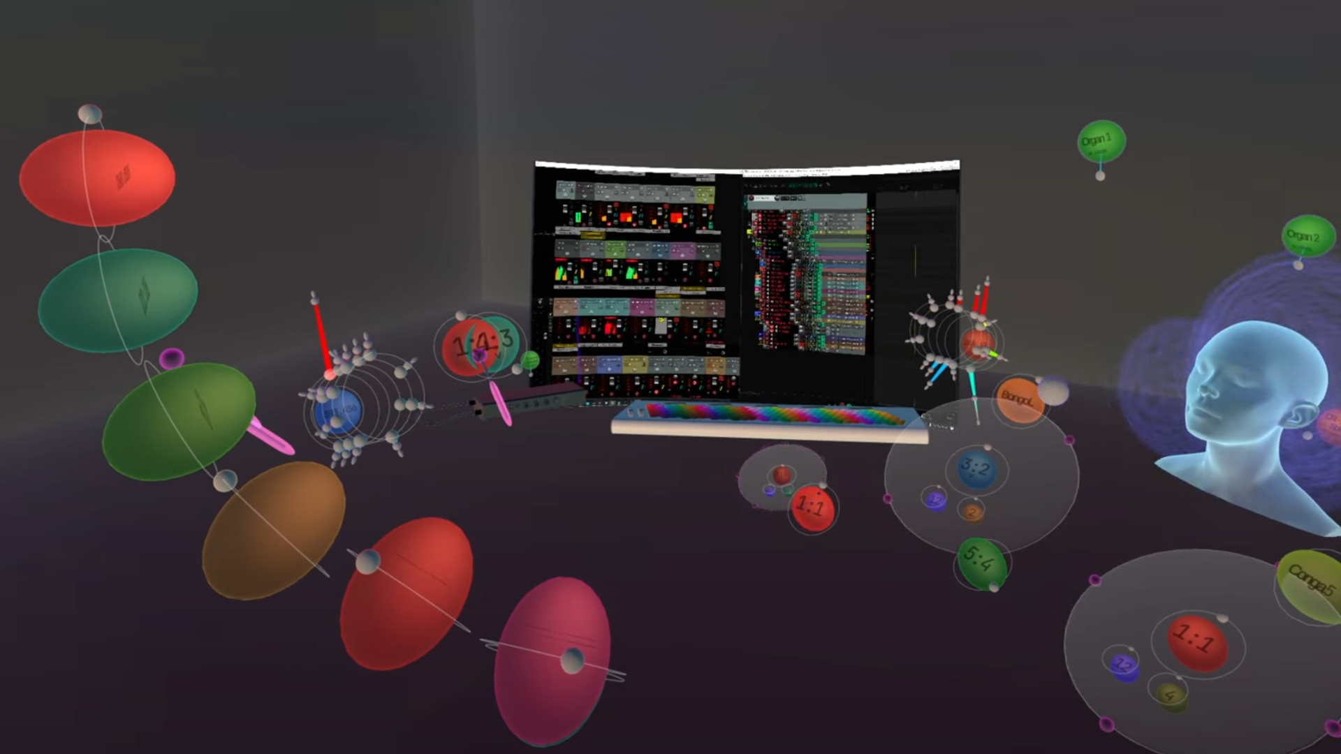 A digital scene with colorful molecular structures floating around a computer screen displaying complex scientific data, with a translucent blue human head silhouette on the right.