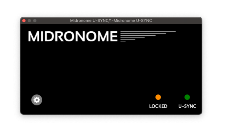 A digital interface displays the word MIDRONOME with horizontal lines next to it, and two labelled lights below: an orange LOCKED light and a green U-SYNC light. A gear icon is in the bottom left corner.