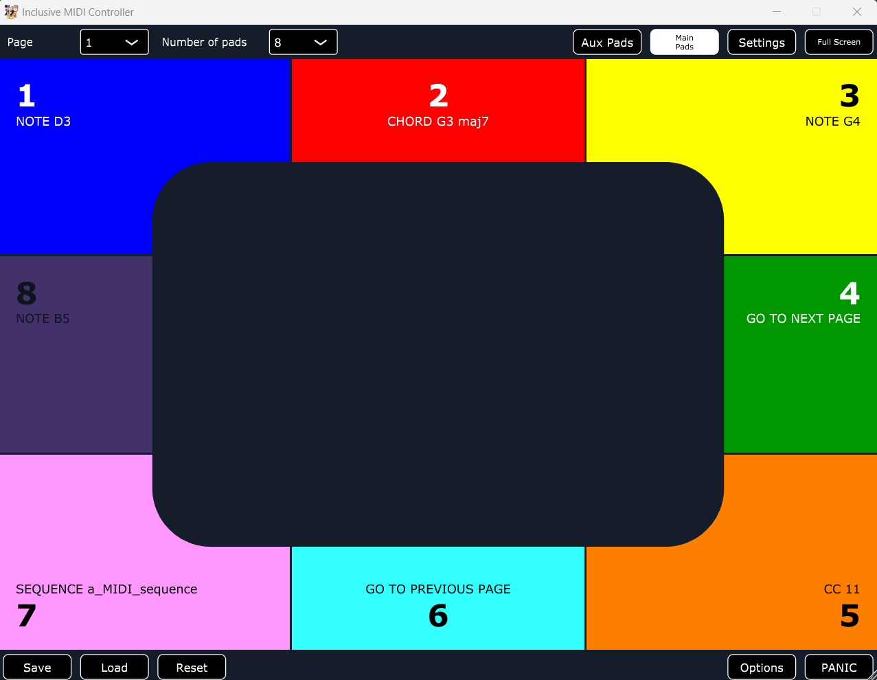 Screenshot of a colorful MIDI controller interface with eight labeled pads for musical notes and functions, and a dark central overlay. Buttons for Save, Load, Reset, Options, and Full Screen are at the bottom and top right.