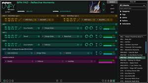Screenshot of a music production software interface showing multiple tracks, instrument names, controls, and a sidebar with a library of sound categories and file options. The top bar displays “BPM PAD - Reflective Moments.”.