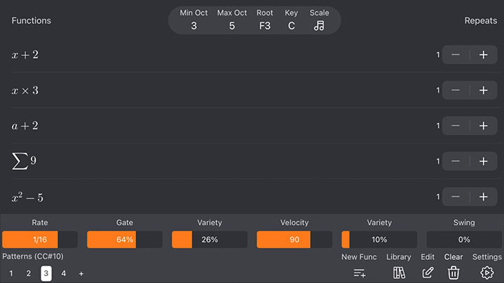 A digital music interface displays mathematical equations as patterns, with adjustable settings for repeats, rate, gate, variety, velocity, and swing. Tabs and numerical values appear at the top and bottom of the screen.