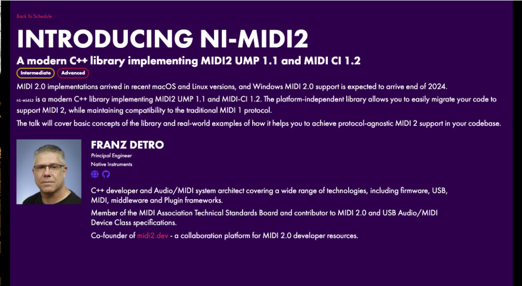 Description of Franz Detro's talk introducing NI-MIDI2 at ADC