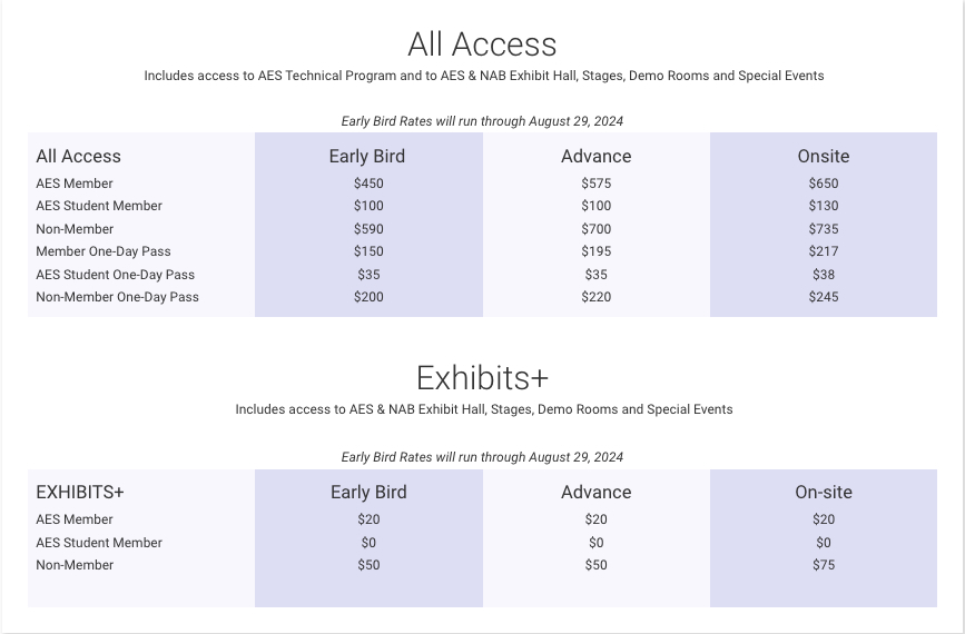 Pricing for AES Tickets