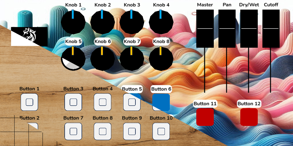 A digital controller interface with eight black knobs, eight white rectangular buttons, four sliders labeled Master, Pan, Dry/Wet, Cutoff, and a colorful abstract wave background on wood and white sections.