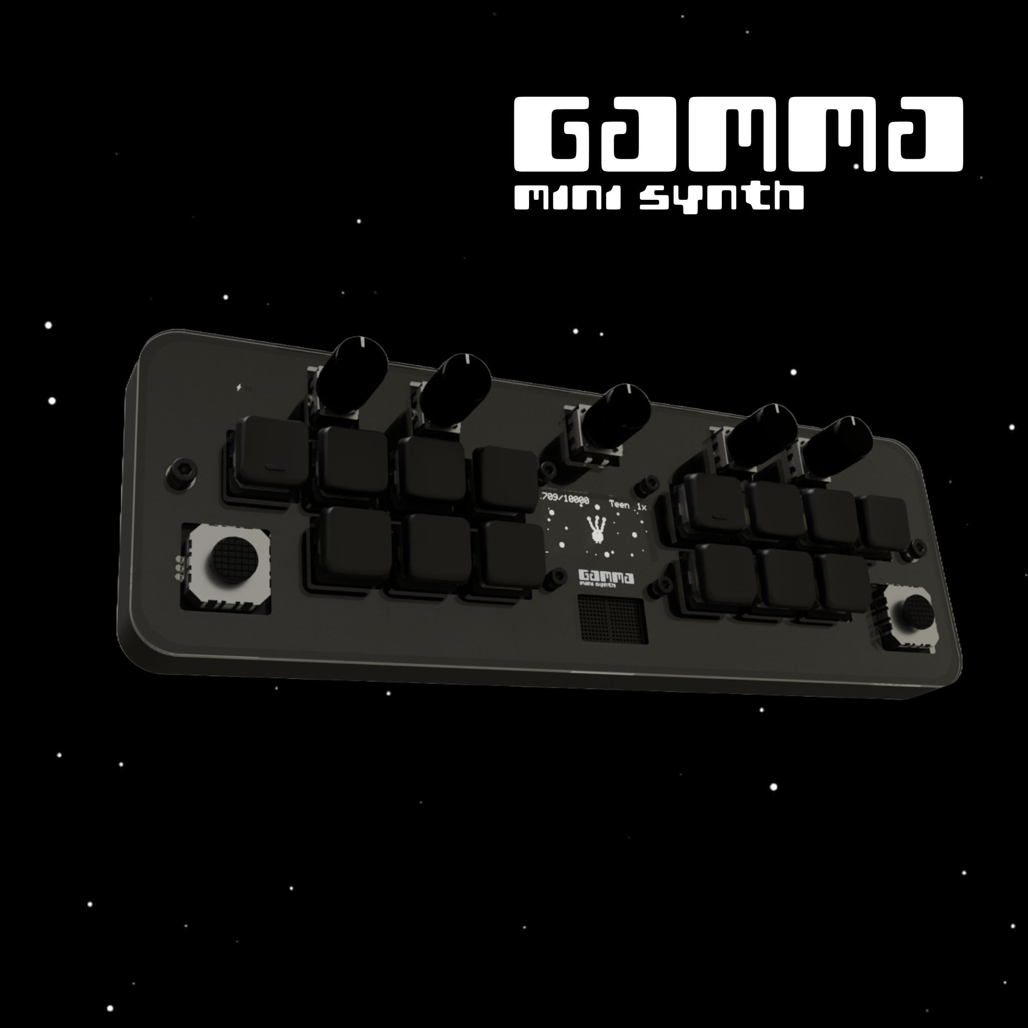 A black mini synthesizer with knobs and pads floats in space with small stars. The text Gamma Mini Synth appears in white in the top right corner.