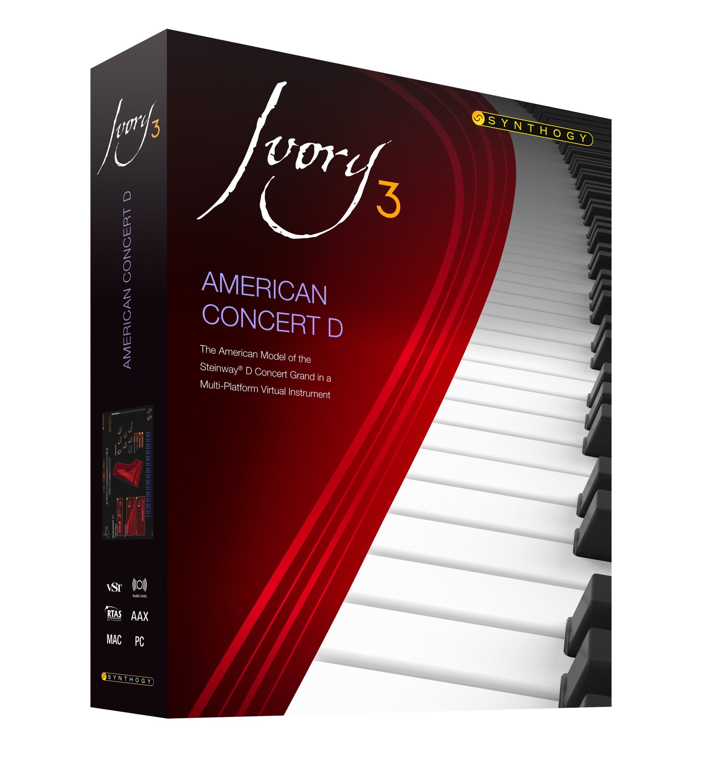 Box for Synthogy Ivory 3 American Concert D virtual instrument software, featuring piano keys on the right, red and black background, and product name in elegant white and yellow text on the front.