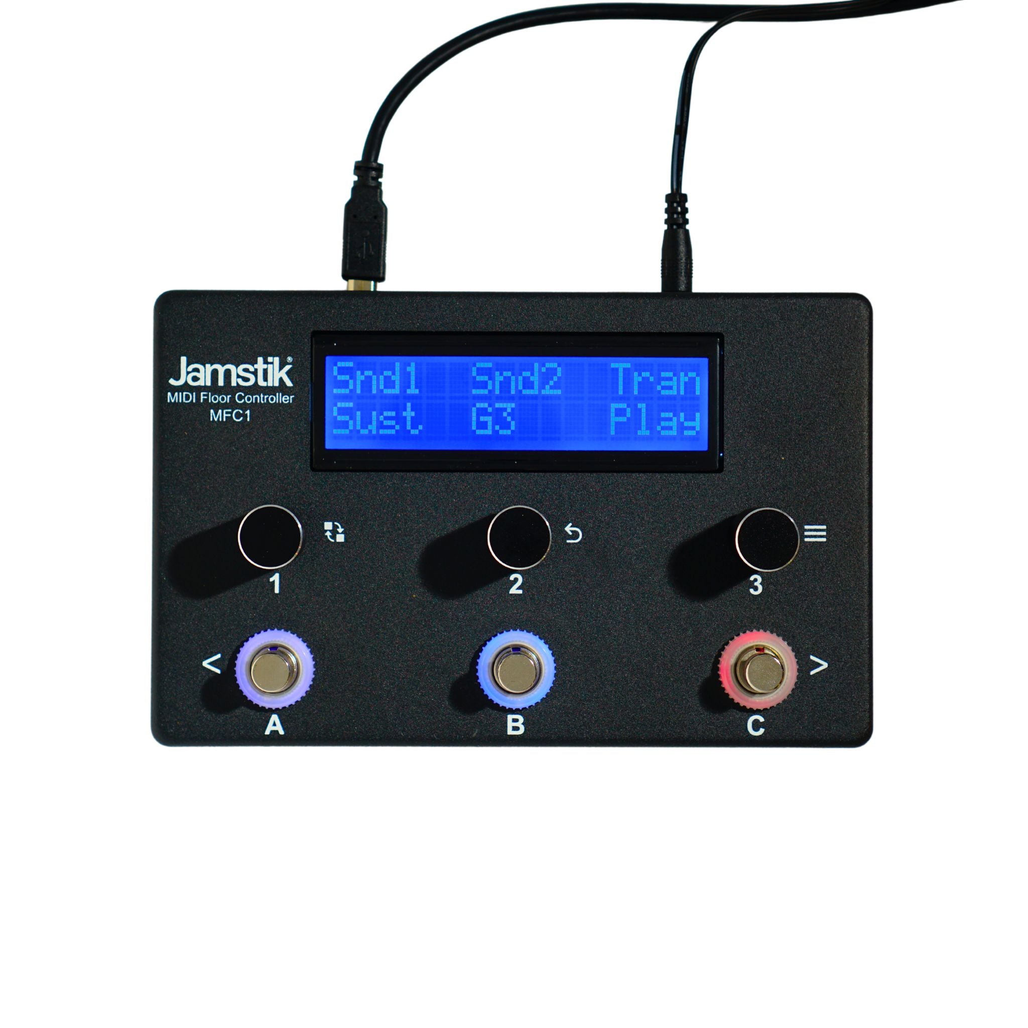 A black Jamstik MIDI Floor Controller MFC1 with three rotary knobs, labeled 1, 2, and 3, and three buttons labeled A, B, and C. The blue screen displays settings including Snd1, Snd2, and Play.