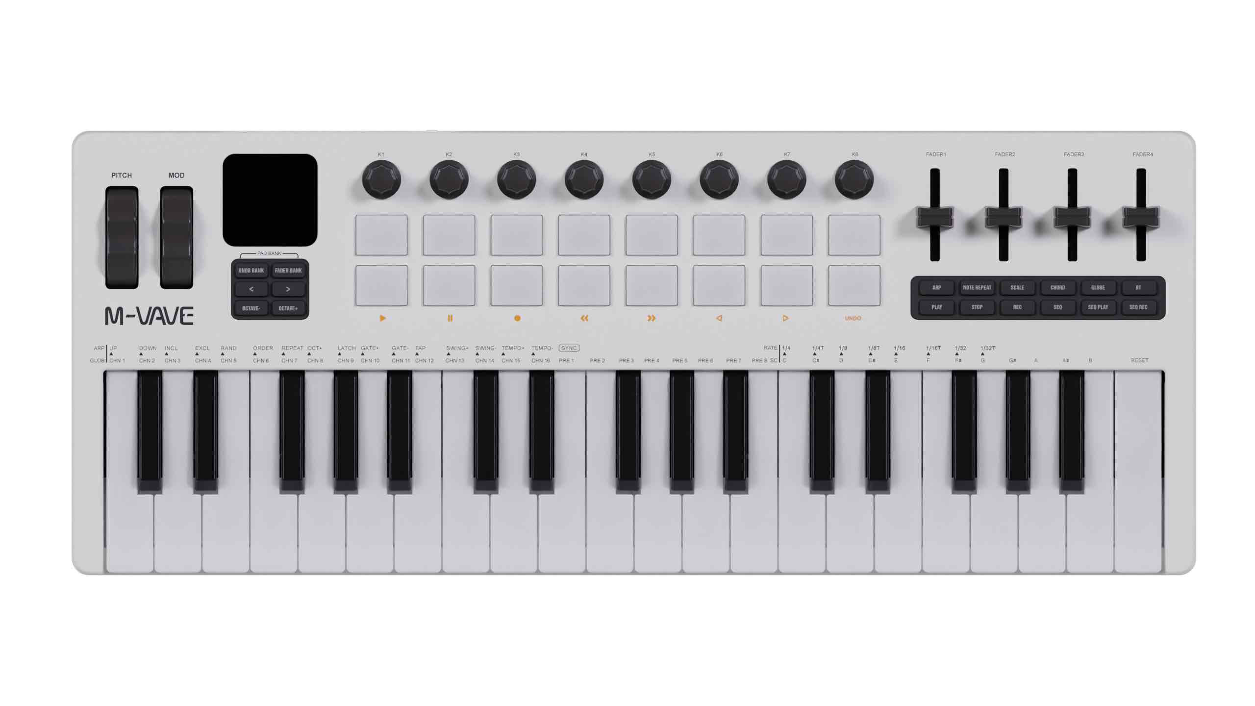 A compact MIDI keyboard controller featuring 25 black and white piano keys, eight control knobs, eight drum pads, a small screen, two sliders, and several buttons, all on a white background.