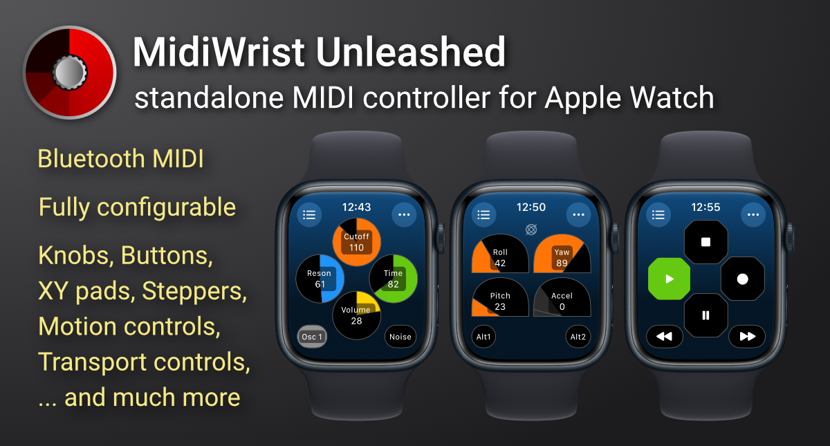 Three Apple Watch screens display the MidiWrist app, showing colorful MIDI controller interfaces with dials, pads, and sliders. Text reads: MidiWrist Unleashed, standalone MIDI controller for Apple Watch. Features are listed on the left.