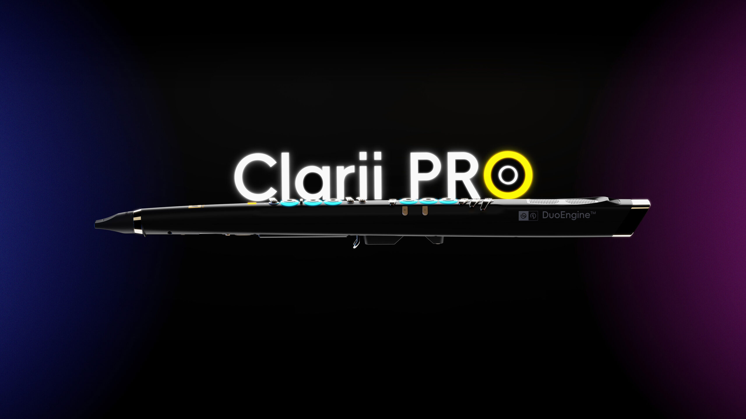 A sleek black digital pen with a glowing Clarii PRO logo in the background and the word DuoEngine printed on the pen, set against a dark gradient backdrop.