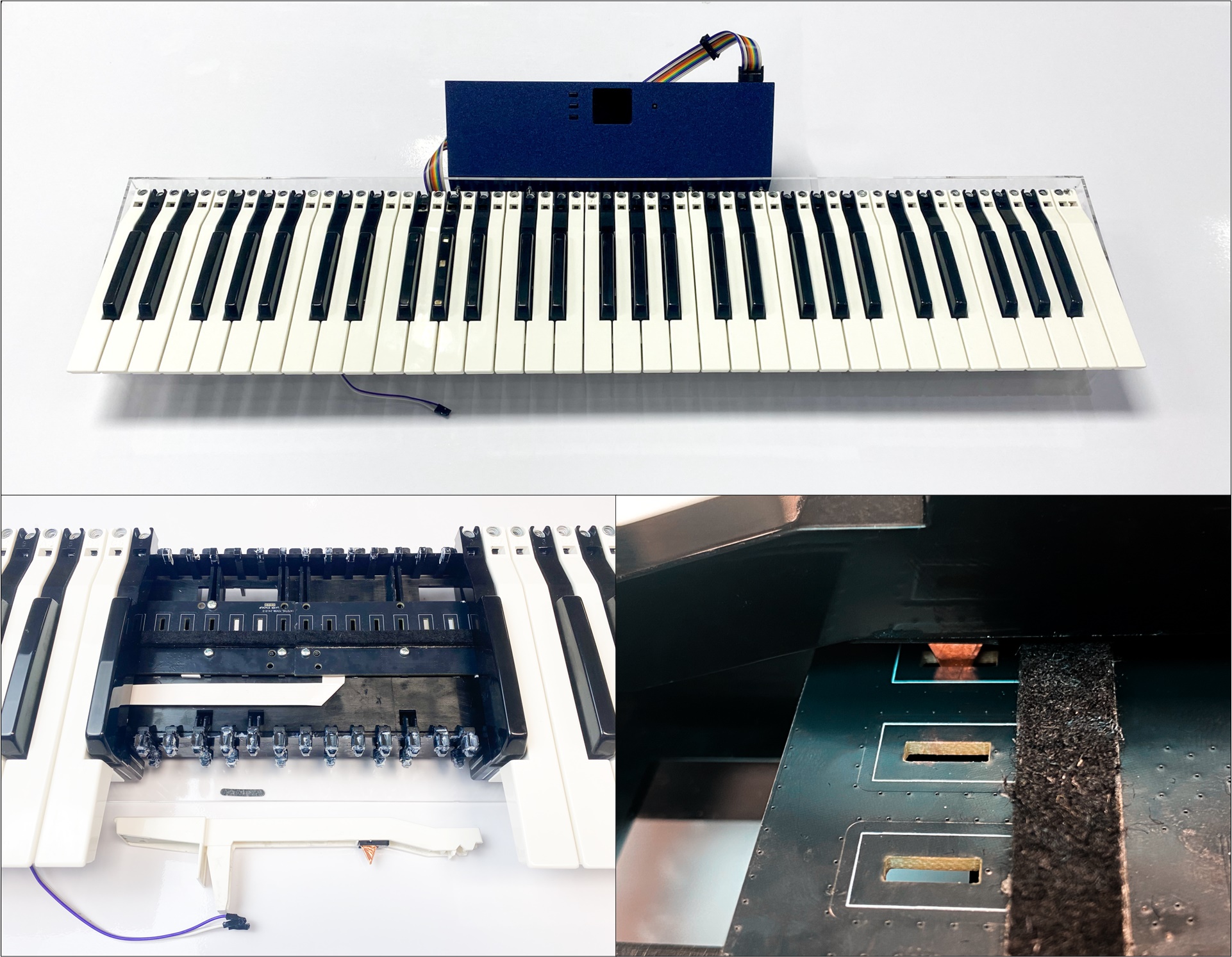 A collage showing an electronic piano keyboard, its internal mechanism exposed, and a close-up of its sensor components on a white background.