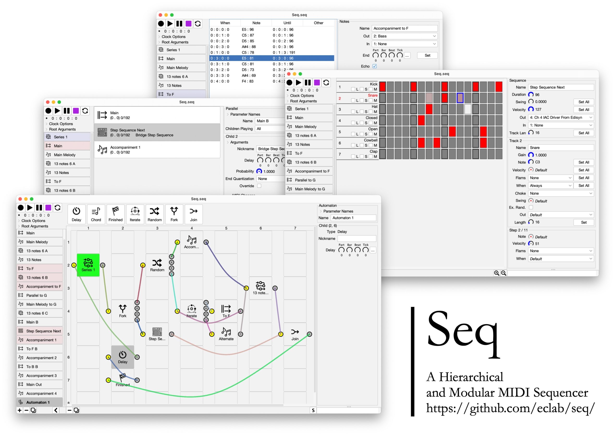 Screenshot collage of a hierarchical modular MIDI sequencer software interface, showing various controls, sequence grids, automation paths, and modular patching panels. Text: Seq—A Hierarchical and Modular MIDI Sequencer.