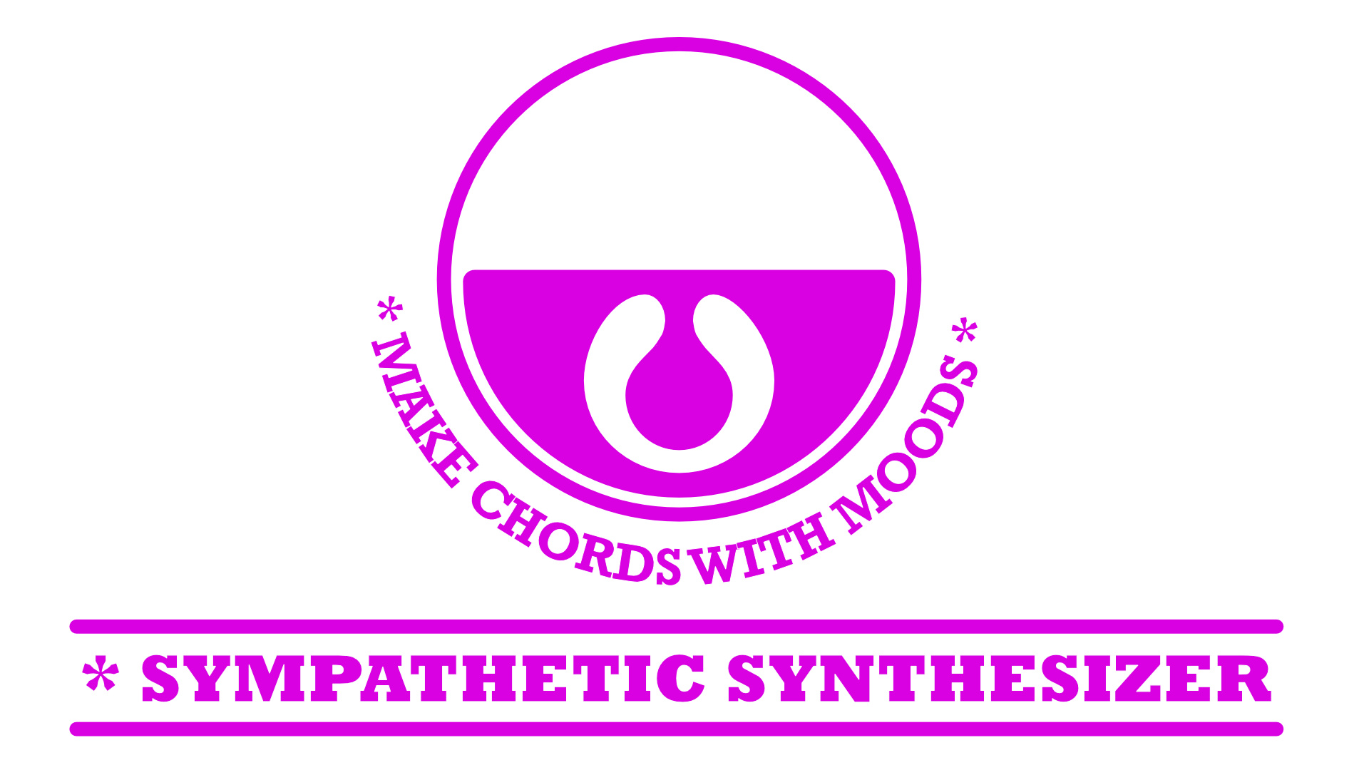 A circular logo with a stylized shape inside, surrounded by the text “* MAKE CHORDS WITH MOODS *.” Below, bold purple text reads “* SYMPATHETIC SYNTHESIZER *” with lines above and below on a white background.