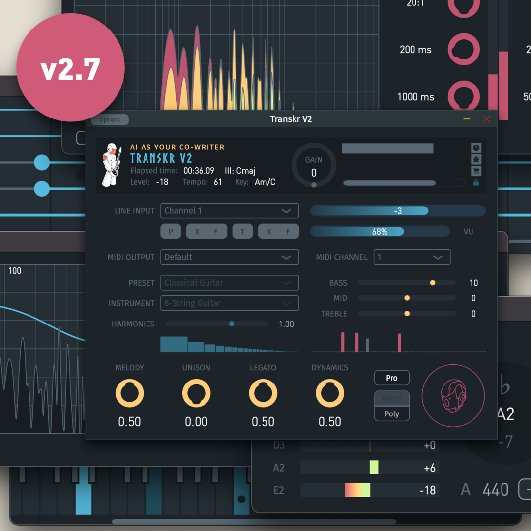 A music production software interface displays controls for MIDI input, presets, harmonics, and sliders for volume, legato, and dynamics. Graphs and a pink v2.7 label appear in the background.