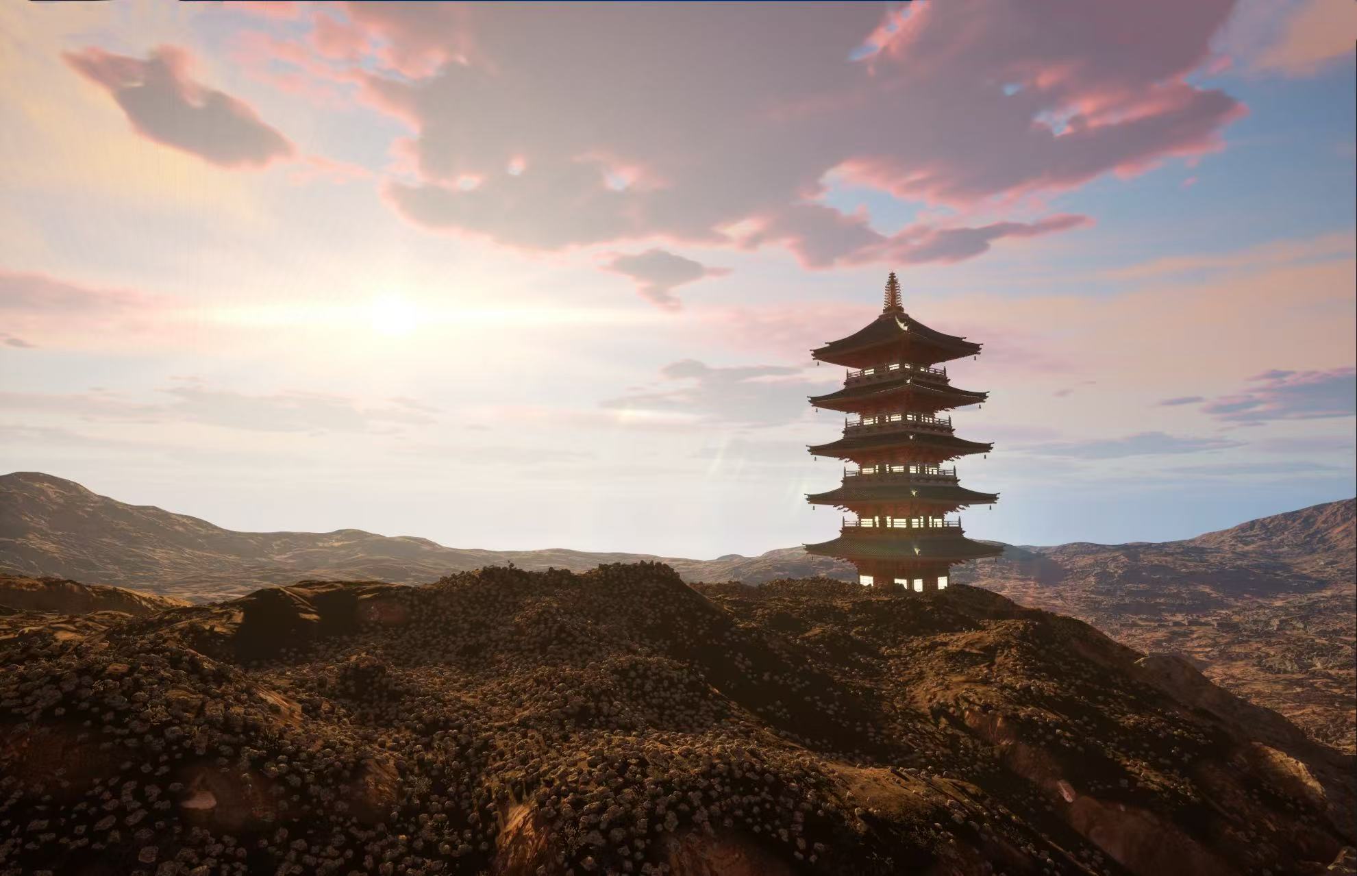 A traditional multi-story pagoda stands on a rocky hill under a colorful sky at sunset, surrounded by rugged landscape and distant mountains.