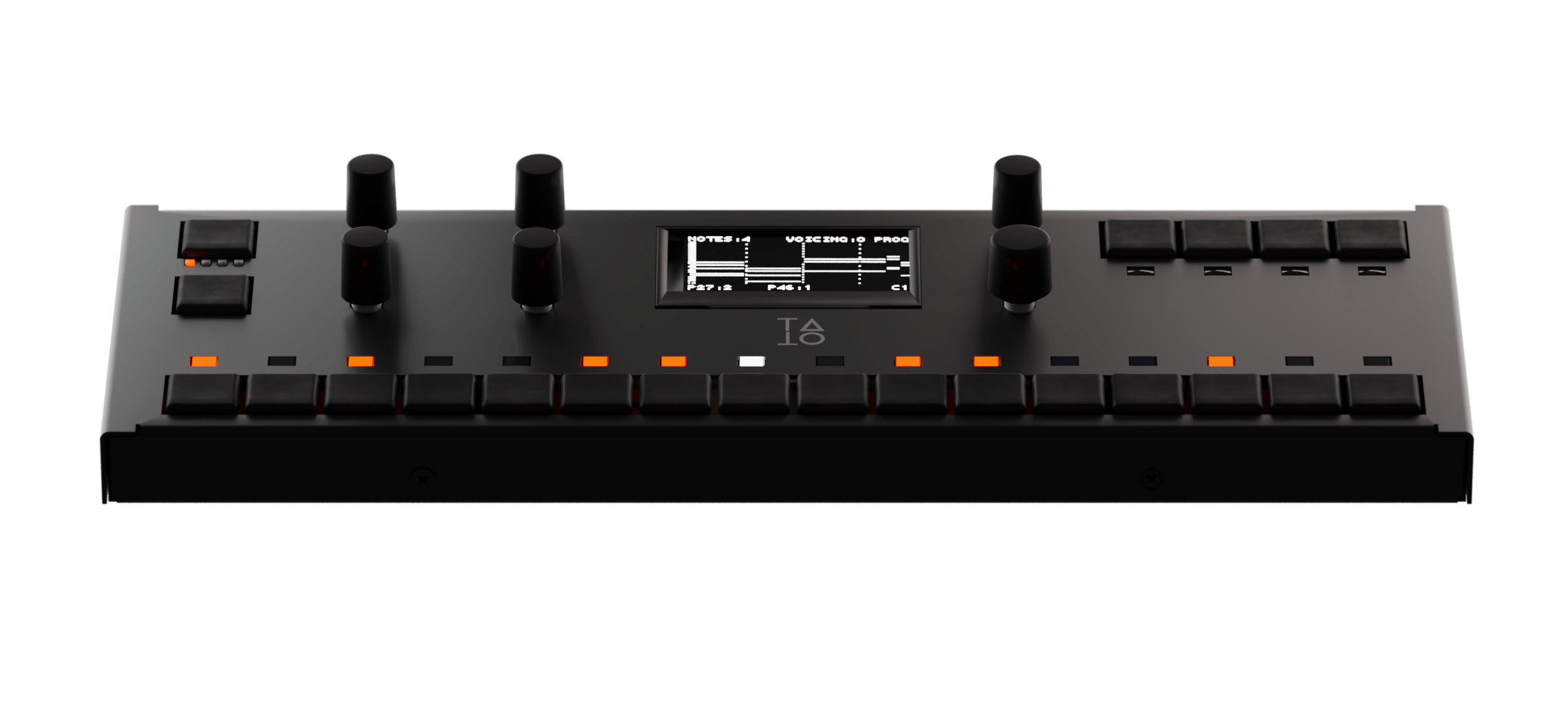 A sleek, black electronic music synthesizer with knobs, buttons, a small digital display, and an array of backlit rectangular pads along the bottom.