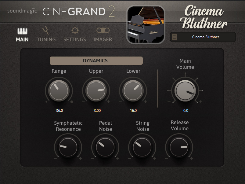 A software interface for Sound Magic Cinegrand 2 piano plugin is shown, featuring dials for dynamics, sympathetic resonance, pedal noise, string noise, release volume, and main volume. A piano image is displayed at the top right.