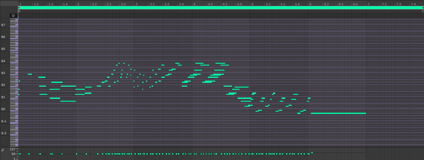 A digital piano roll in a music production software displays MIDI notes forming a melodic pattern, with notes rising and falling across multiple octaves from left to right, spanning measures 1 to 8.
