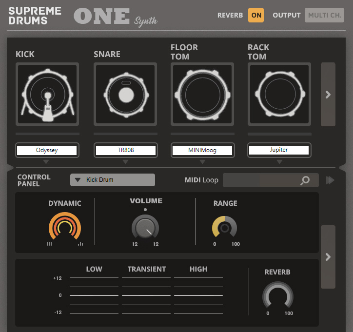 A digital drum machine interface shows controls for kick, snare, floor tom, and rack tom drums, with dials for dynamic, volume, range, and reverb adjustments, plus labeled drum sound presets below each drum.