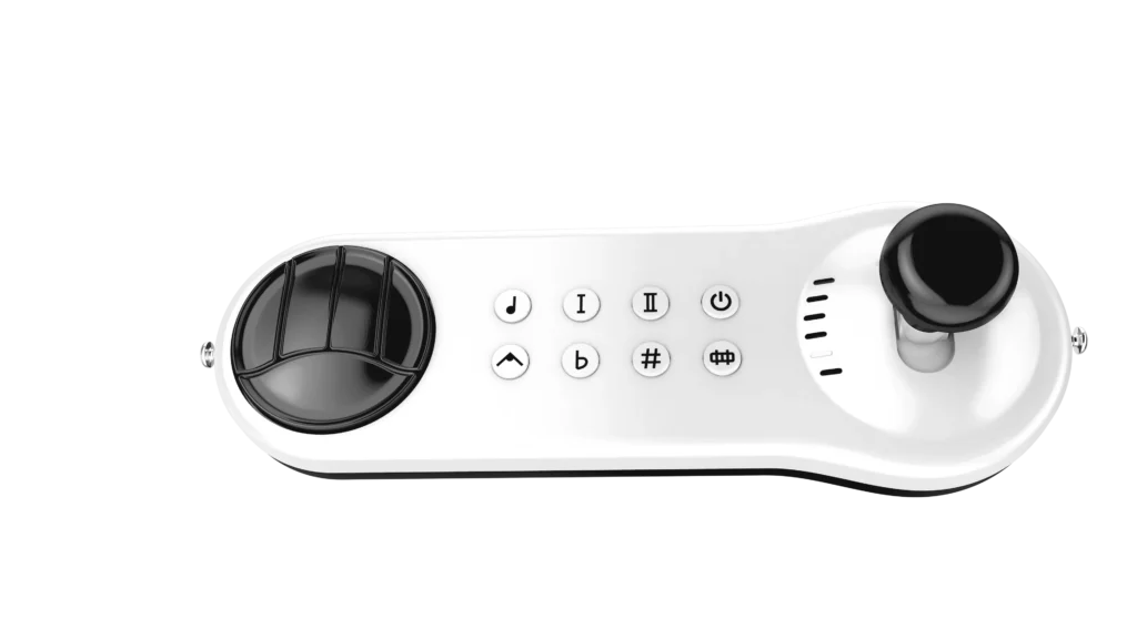 A white handheld device with two large black joysticks on either side and a row of ten buttons, featuring various symbols, in the center.