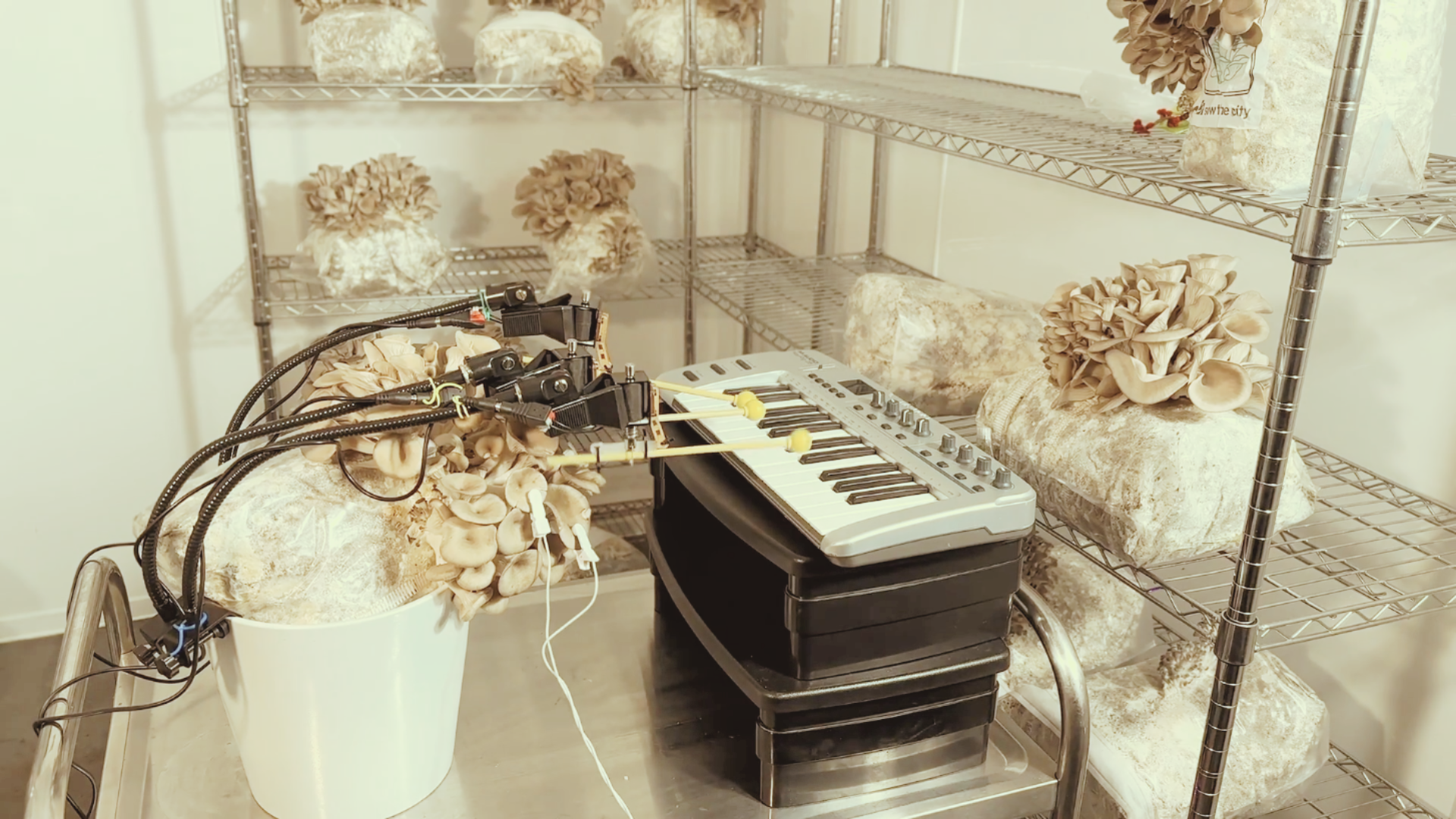 A robotic device with mechanical arms is attached to a bucket of mushrooms, playing a small electronic keyboard in a room with metal shelves holding more mushroom-growing bags.