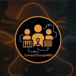 A circular logo with musical instrument icons and people, labeled ConnectThroughMIDI, is centered over a dark background with silhouettes of musicians playing keyboards, guitar, and drums, connected by glowing lines.