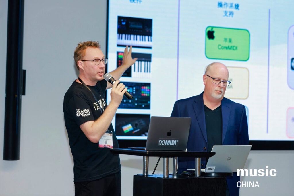 Two men present at a conference; one speaks into a microphone and gestures toward a screen displaying MIDI-related content, while the other stands beside him at a podium with laptops. The words music CHINA appear on the image.