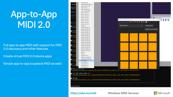 Screenshot displaying a Windows application with a blue panel titled App-to-App MIDI 2.0, text about MIDI support and app features, and an open software grid of yellow pads. Microsoft logo is at the bottom right.