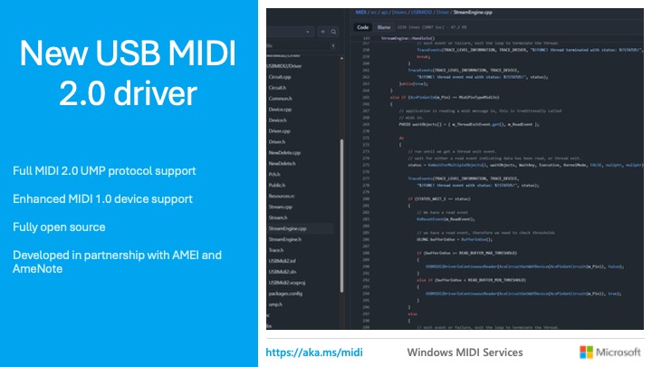 Slide introducing a new USB MIDI 2.0 driver, listing features like full MIDI 2.0 UMP and enhanced MIDI 1.0 support, open source, and development partners. The right side shows a dark-themed code editor with MIDI-related code.