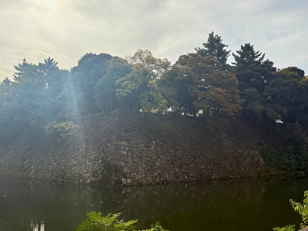 A stone wall rises from the edge of a calm moat, topped with dense green trees, while sunlight streams diagonally through the cloudy sky above.