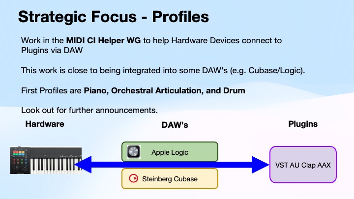 Slide explaining Strategic Focus - Profiles: Shows a MIDI keyboard (hardware), arrows pointing to Apple Logic and Steinberg Cubase (DAWs), then to VST AU Clap AAX (plugins). Key profiles are Piano, Orchestral Articulation, and Drum.