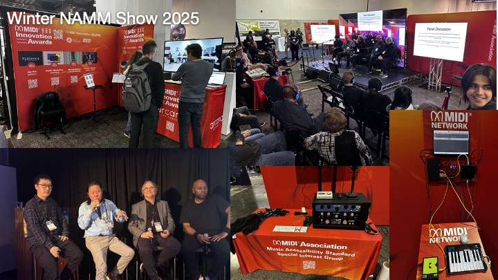Collage of scenes from Winter NAMM Show 2025, showing panel discussions, attendees interacting with exhibits, close-ups of MIDI equipment, and booths featuring the MIDI Association and music technology displays.
