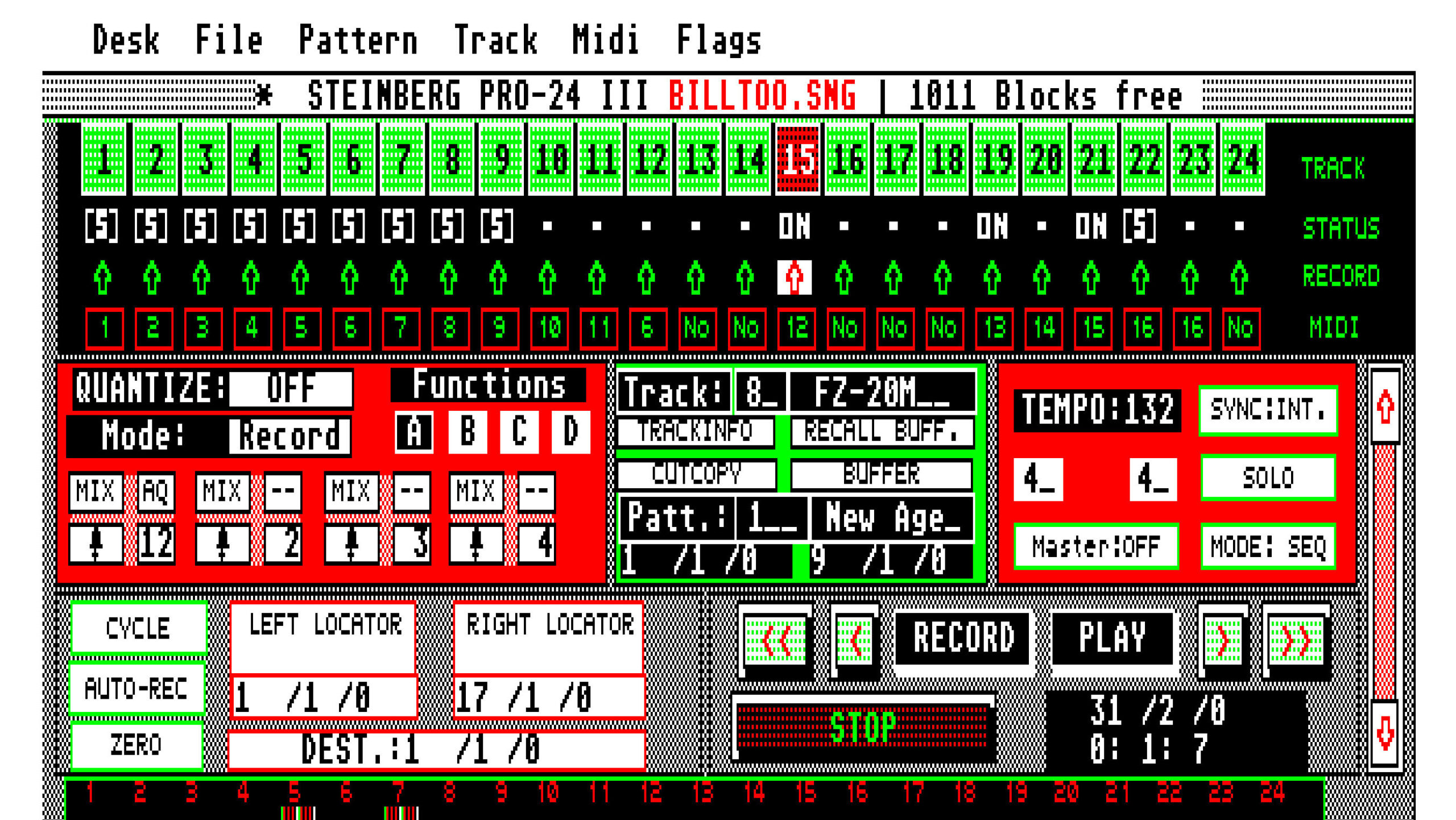 A screenshot of the Steinberg Pro-24 III music software interface showing various controls, tracks, sequencer options, tempo set to 132, and block indicators, all in a retro DOS-style graphical layout.