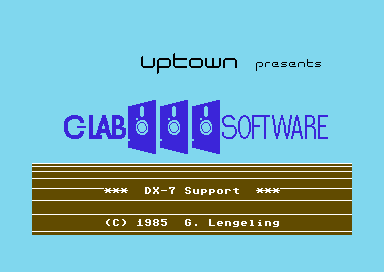 Title screen for a software program showing Uptown presents CLAB SOFTWARE with blue speaker icons and DX-7 Support (C) 1985 G. Lengeling on a brown and blue background.