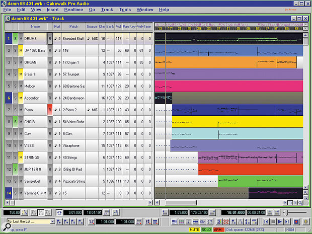 A computer screen displays a multitrack audio project in Cakewalk Pro Audio software, showing multiple tracks, audio waveforms, track names, controls, and a colorful timeline.