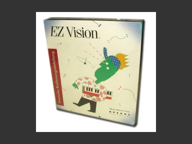A software box for EZ Vision featuring an abstract, cartoonish figure with a green face, a keyboard body, and a crown, set against a white background with colorful confetti-like lines.