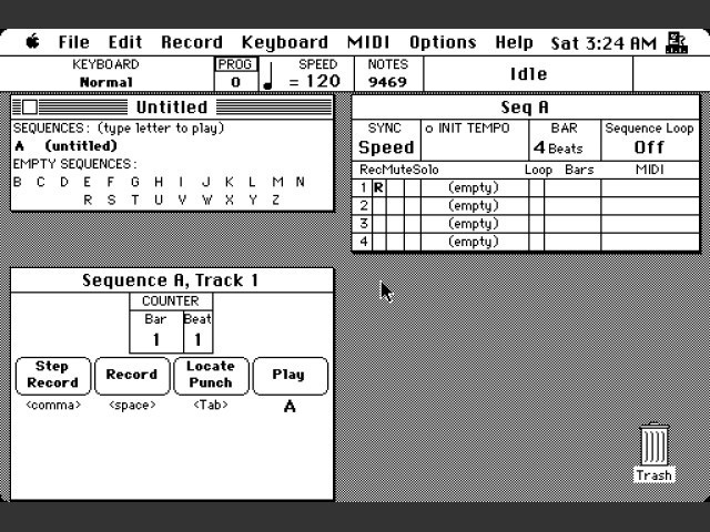 A vintage computer screen displays a black-and-white music sequencing program with multiple windows, menu options, track controls, and a trash icon in the bottom right corner. The interface is minimal and text-based.