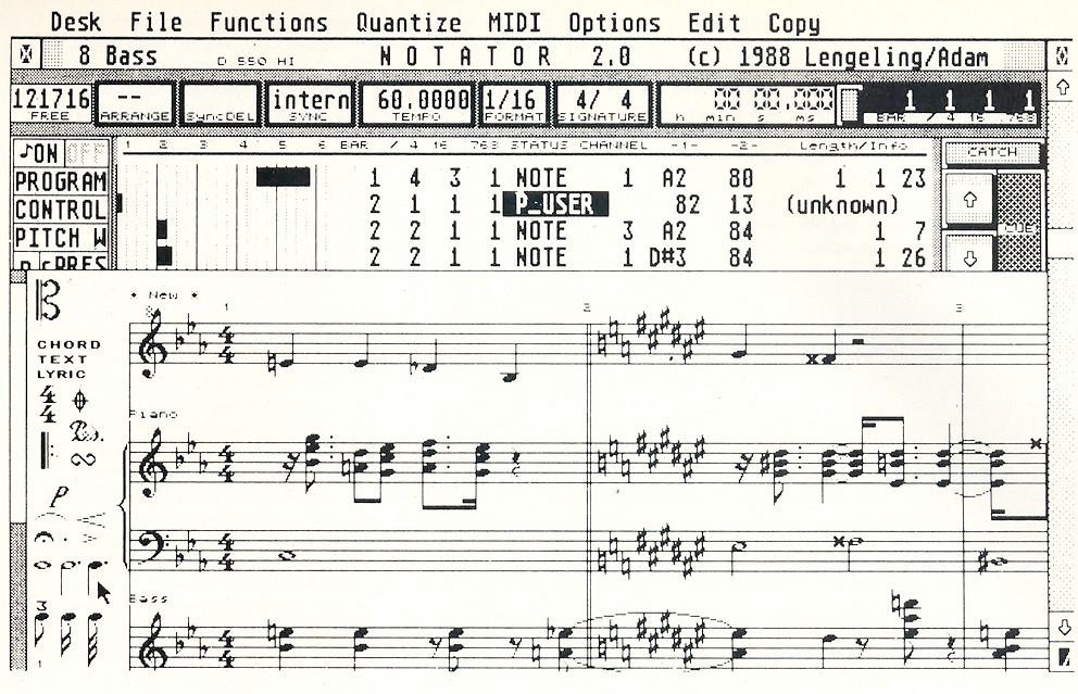 A screenshot of Notator 2.0 music software from 1988 displays MIDI sequencing data and a piano roll at the top, with traditional sheet music notation for piano and vocals at the bottom.