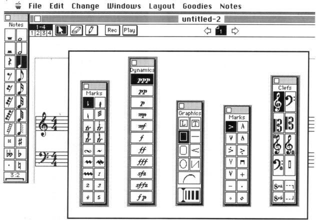 Black-and-white screenshot of a vintage music notation software with tool palettes for notes, dynamics, graphics, marks, and clefs, overlaid on a musical staff with menus at the top.