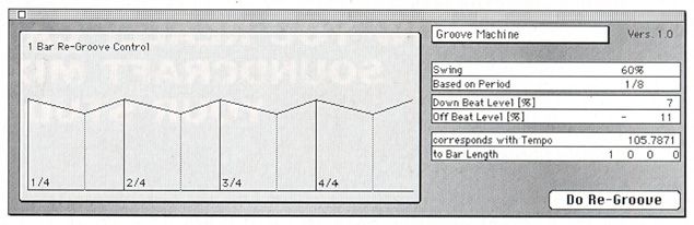 A grayscale software interface labeled “Groove Machine” displays a swing control graph, period and level settings, tempo info, and a button labeled “Do Re-Groove.”.