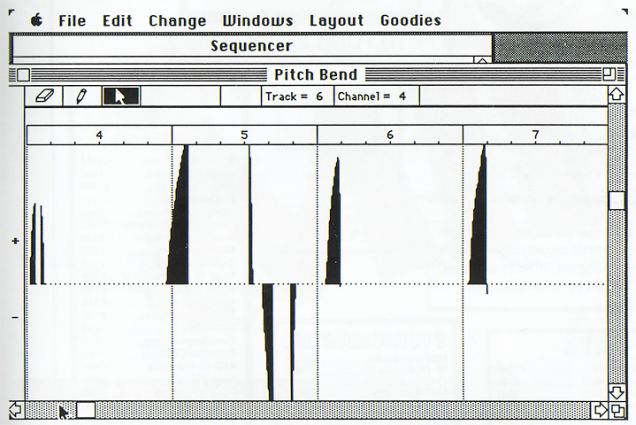 A black-and-white screenshot of an old Macintosh music sequencer software showing a Pitch Bend window with vertical bars on a timeline and menu options at the top.