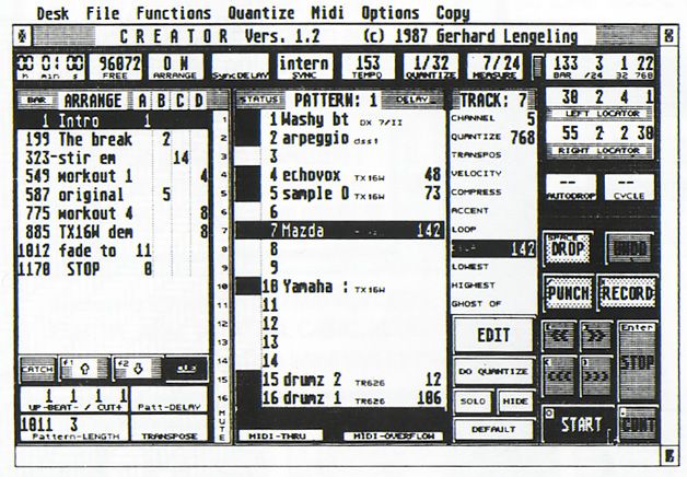 A black-and-white screenshot of Creator Version 1.2, a vintage MIDI music sequencer software, displaying tracks, patterns, tempo, and various control panels with lists of instruments and settings.