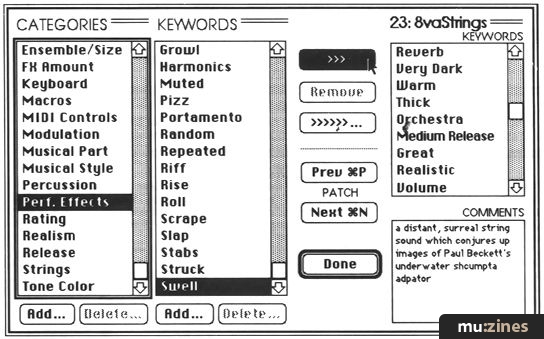 A black-and-white interface displays categories and keyword options for sound patches, including “Perf. Effects” and “Swells.” The selected patch “8vaStrings” includes keywords like Reverb and Thick, with a comment about a distant string sound.